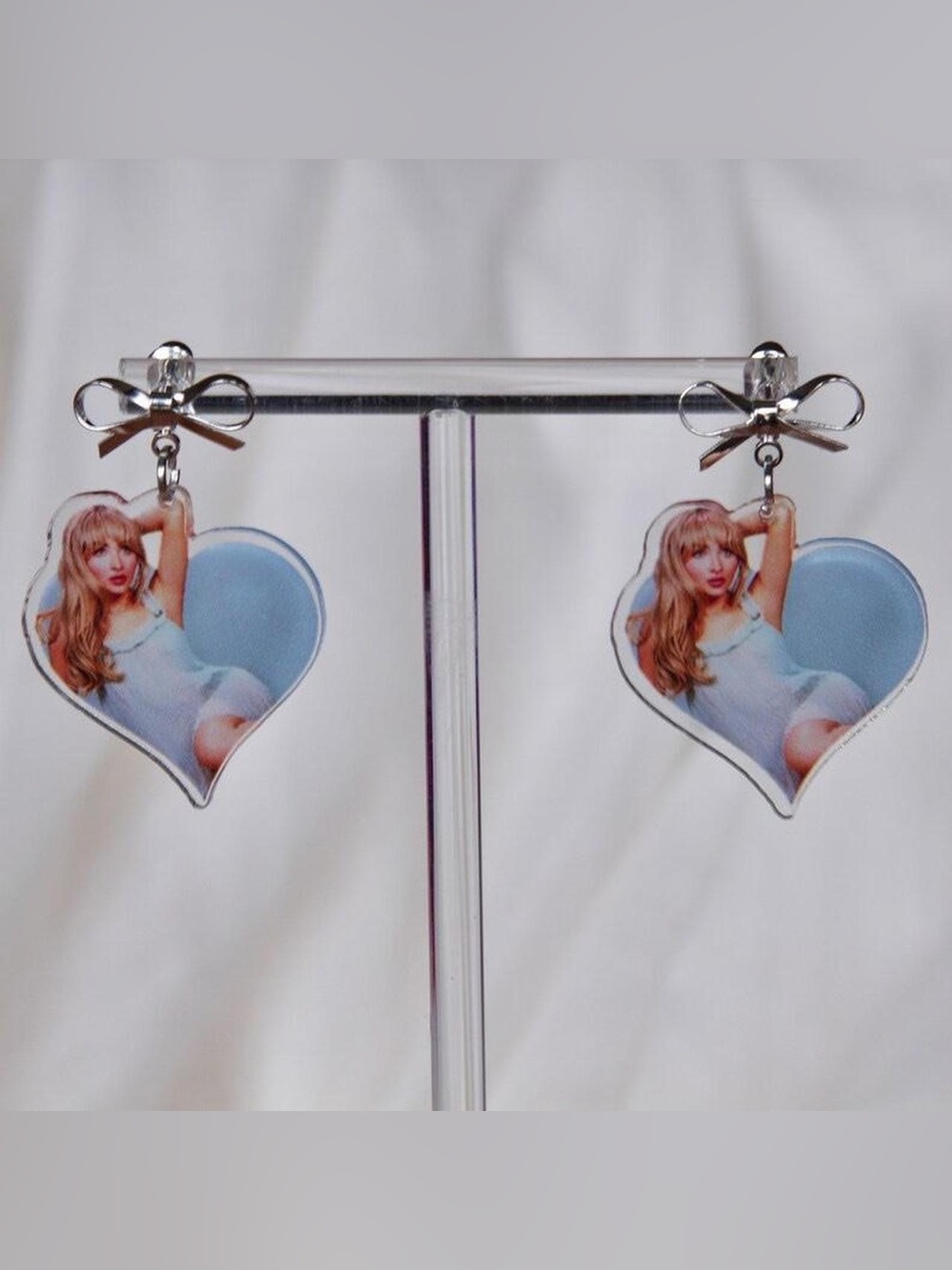 Sabrina Carpenter Heart Silver Bow dangly earrings Delicate jewelry shortnsweet